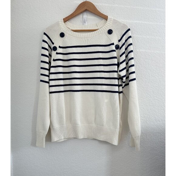 Vivance Sweater Womens Medium Striped Nautical Pullover Crewneck Buttons Coastal - Picture 2 of 13